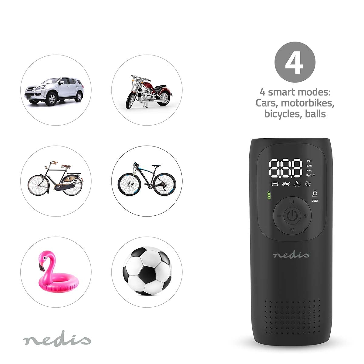 Rechargeable Air Compressor | 0.1 - 10.3 Bar | Dunlop Valve | Operation modes: Car / Motorbike / Bycicle / Ball | Yes | Air Pressure Meter