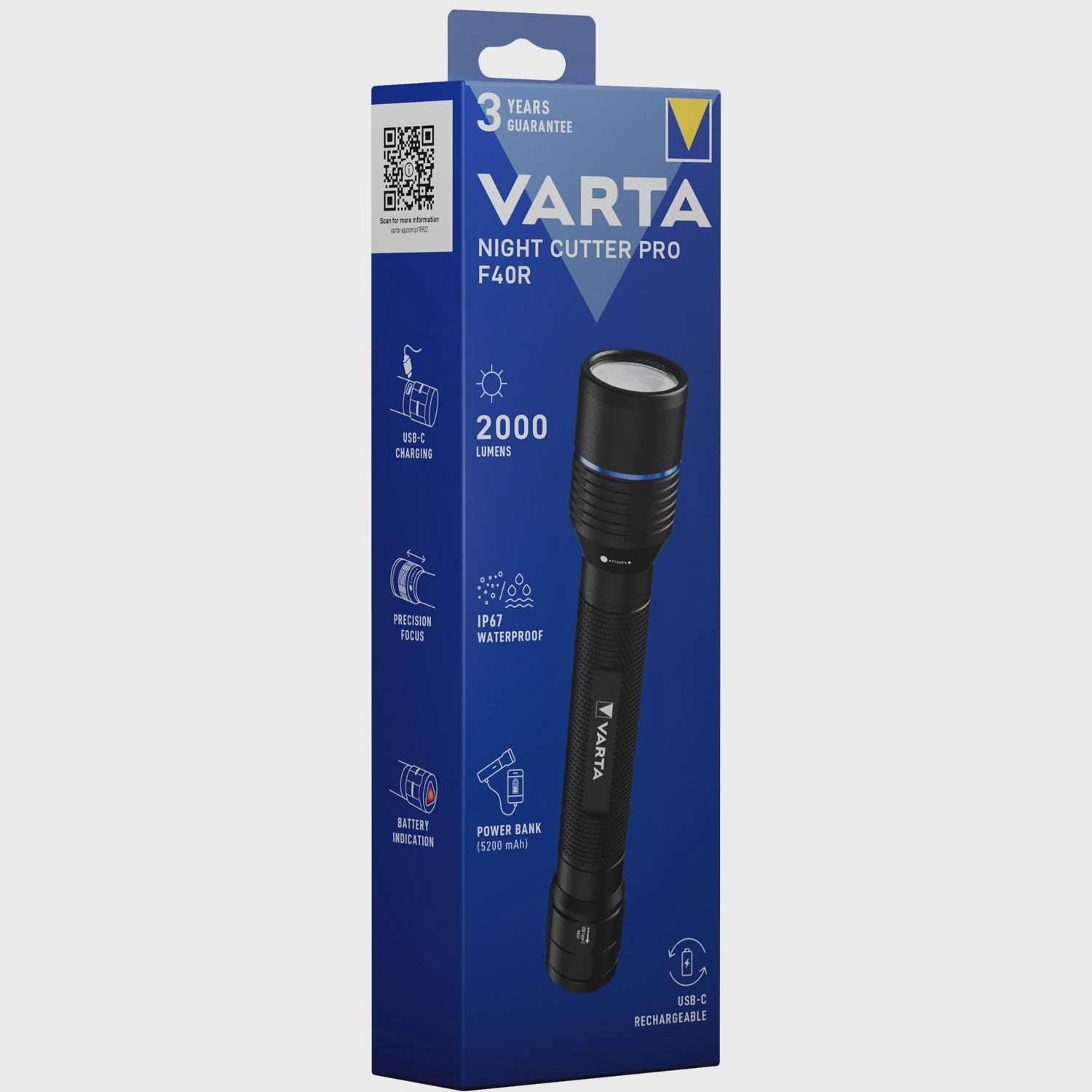 Rechargeable Flashlight 2000lm, IP67, USB-C, Powerbank