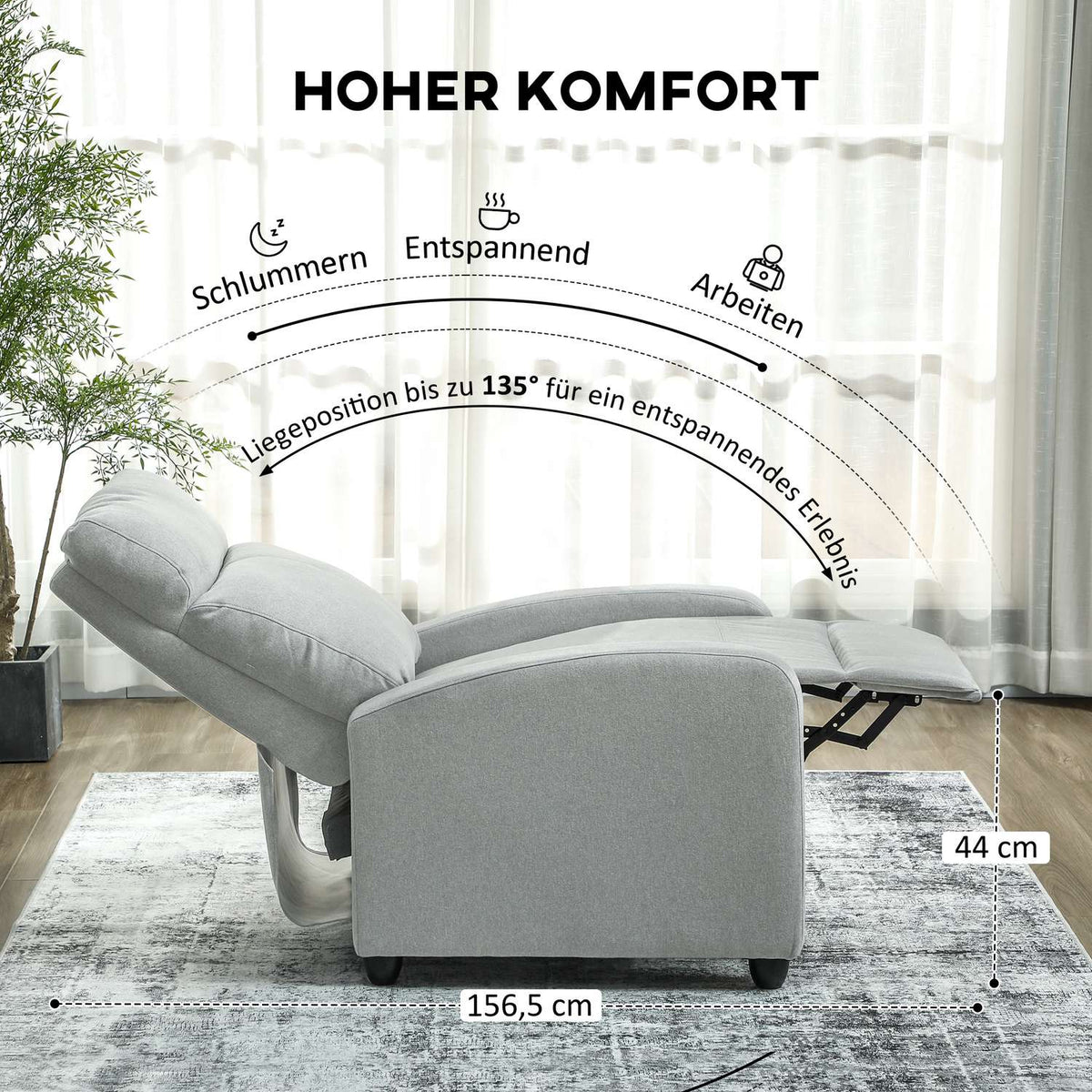 Recliner Chair, Adjustable 135°, Linen-Polyester, Light Grey