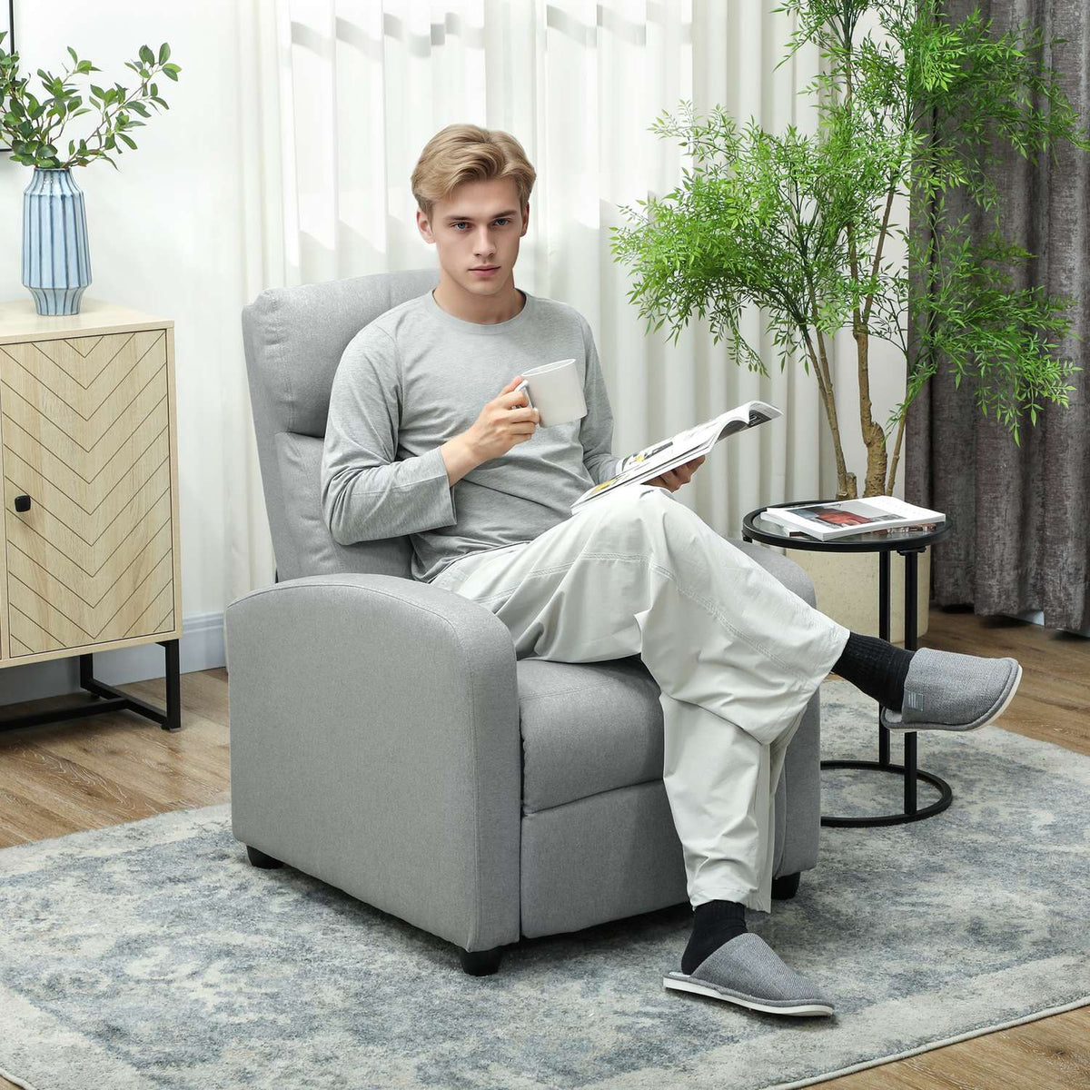 Recliner Chair, Adjustable 135°, Linen-Polyester, Light Grey