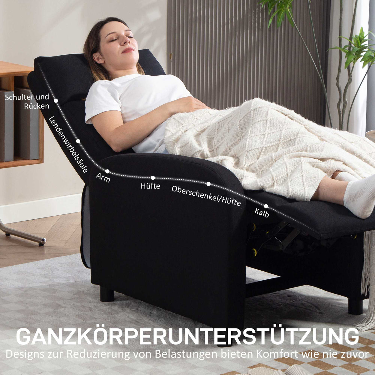 Recliner Chair, Linen-Look Fabric, Black, Adjustable to 155º