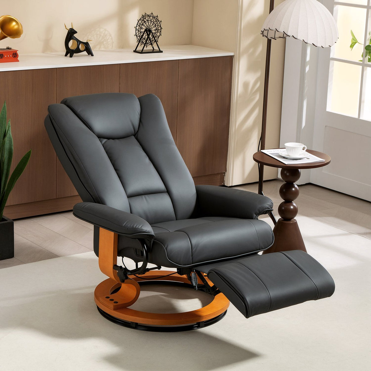 Recliner Chair with 360° Swivel, Faux Leather, Dark Grey