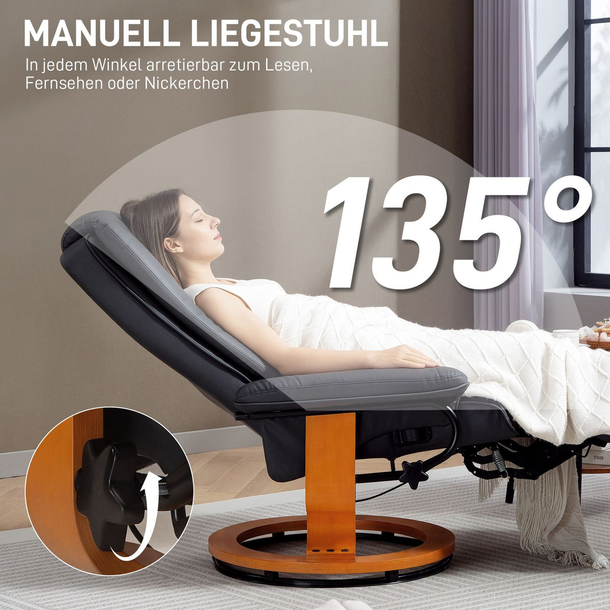 Recliner Chair with 360° Swivel, Faux Leather, Dark Grey