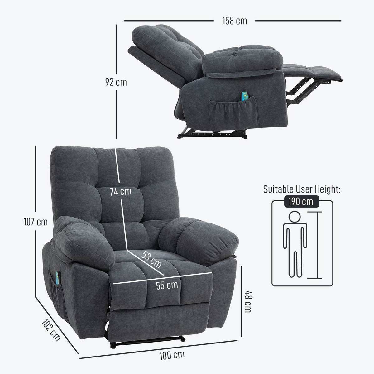 Recliner Chair with 8-Point Massage, Adjustable Footrest, Grey