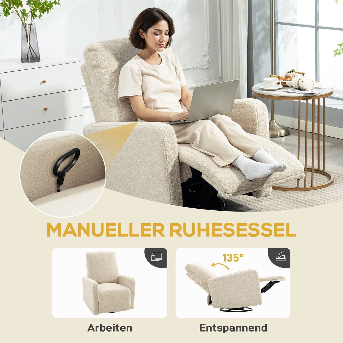 Recliner Chair with Adjustable Backrest, Fleece Cover, Beige