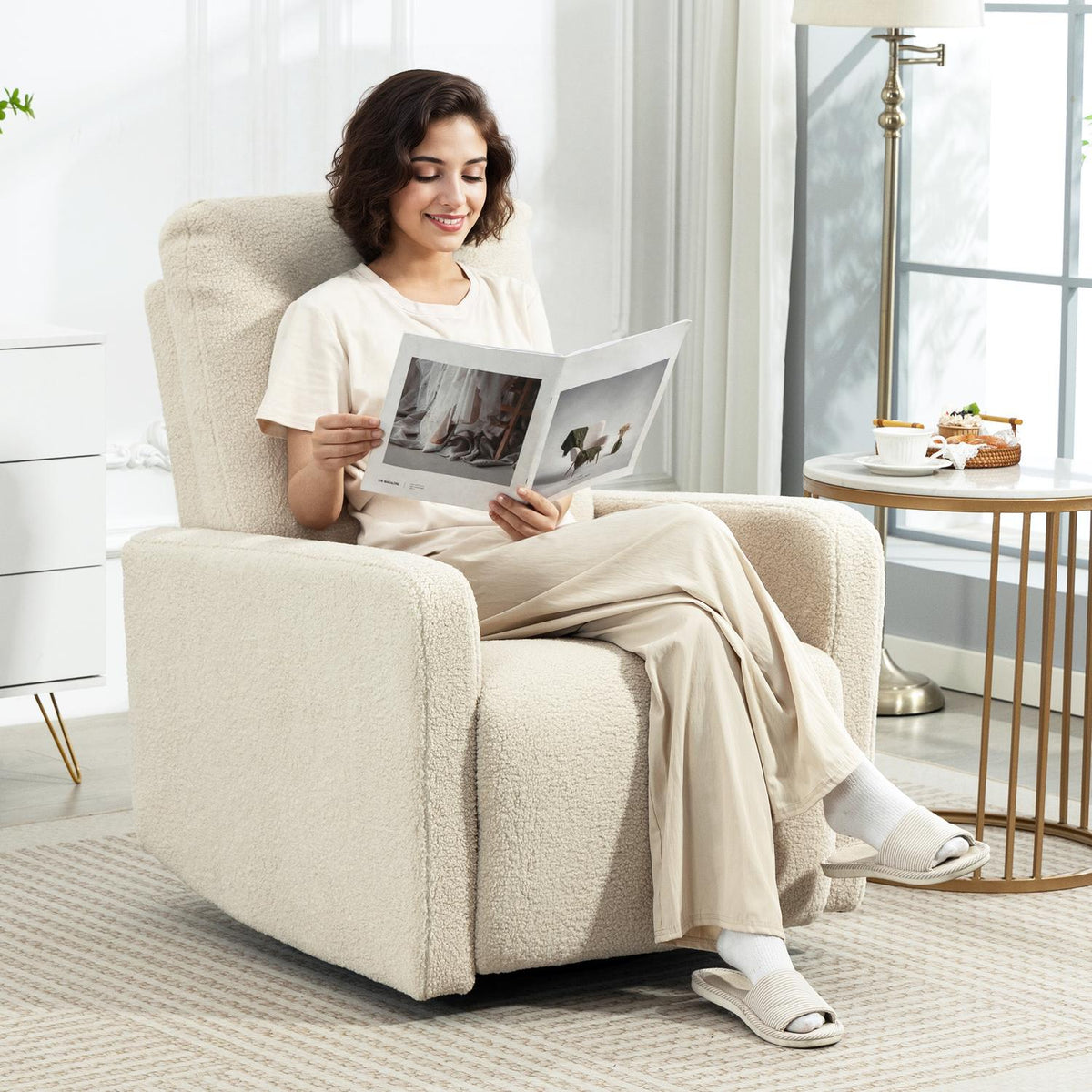 Recliner Chair with Adjustable Backrest, Fleece Cover, Beige
