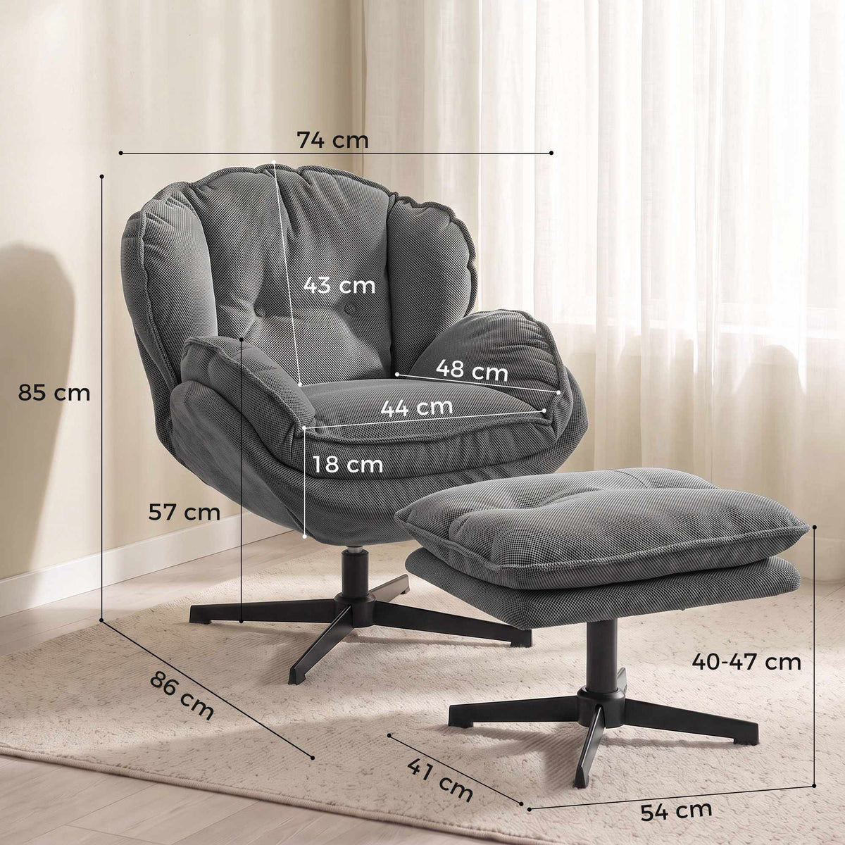 Recliner Chair with Adjustable Ottoman, 360 Swivel, Grey Chenille