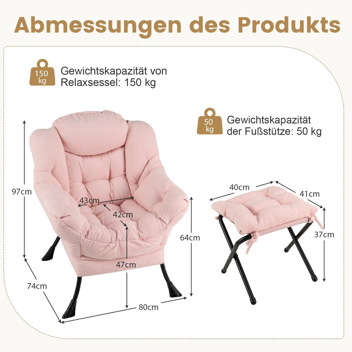Recliner Chair with Armrests, Side Pocket, Ottoman – Pink