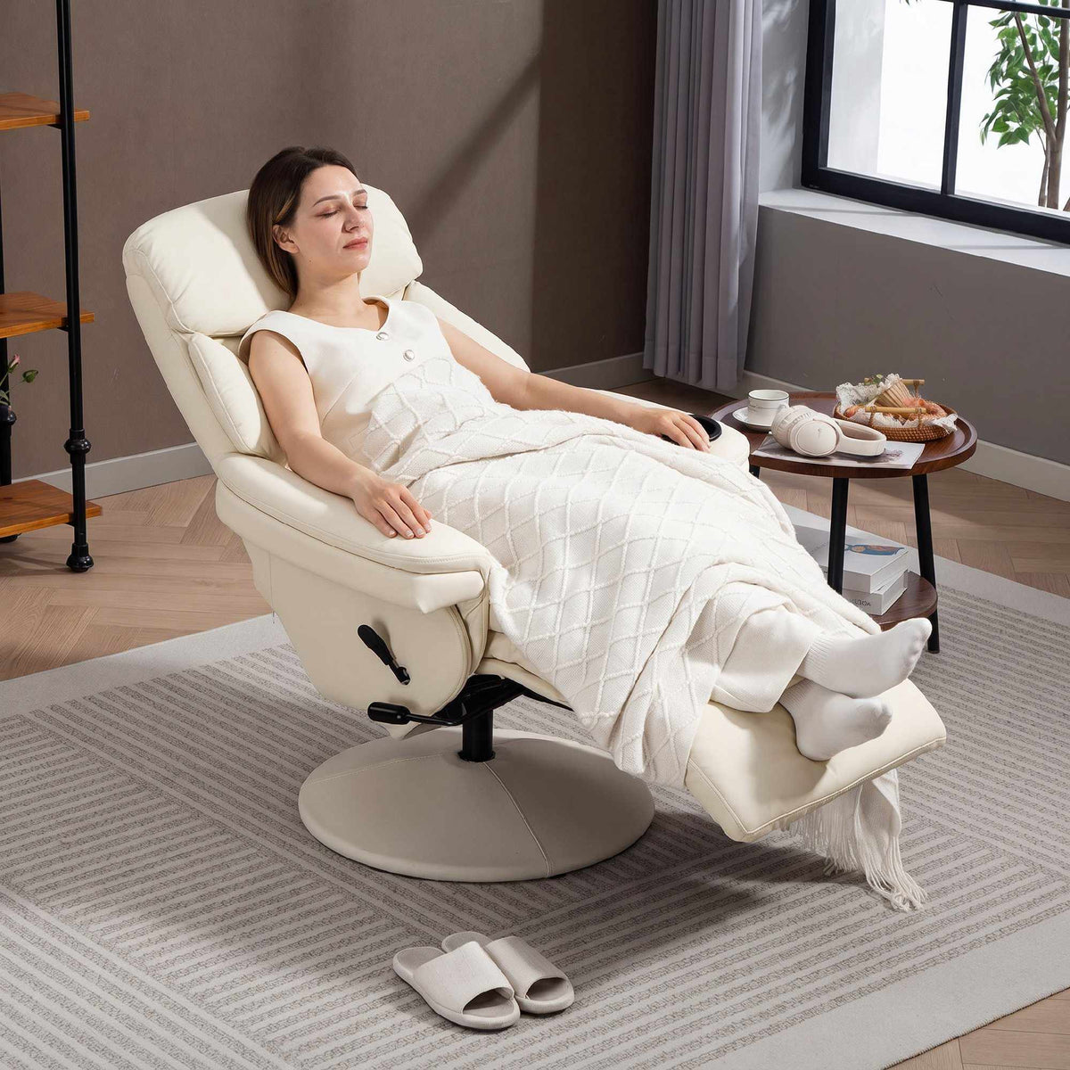 Recliner Chair with Cup Holder and Side Pocket, Cream PU Leather