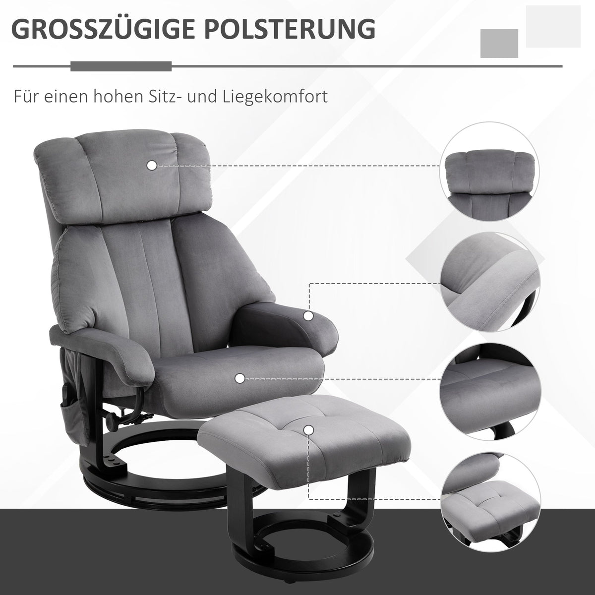 Recliner Chair with Ottoman, Swivel Massage Chair, Grey Velvet