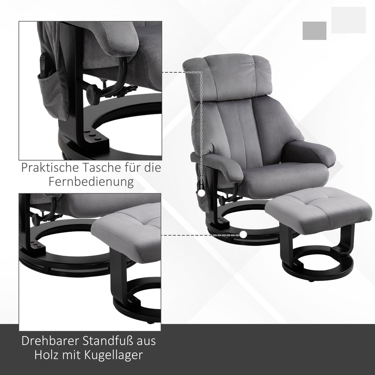Recliner Chair with Ottoman, Swivel Massage Chair, Grey Velvet