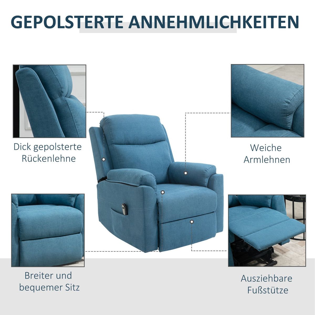 Recliner Electric Tv Chair With Stand-Up Aid For Seniors, Reclining And Sleeping Function, Linen Look, Blue, 83X89X102Cm