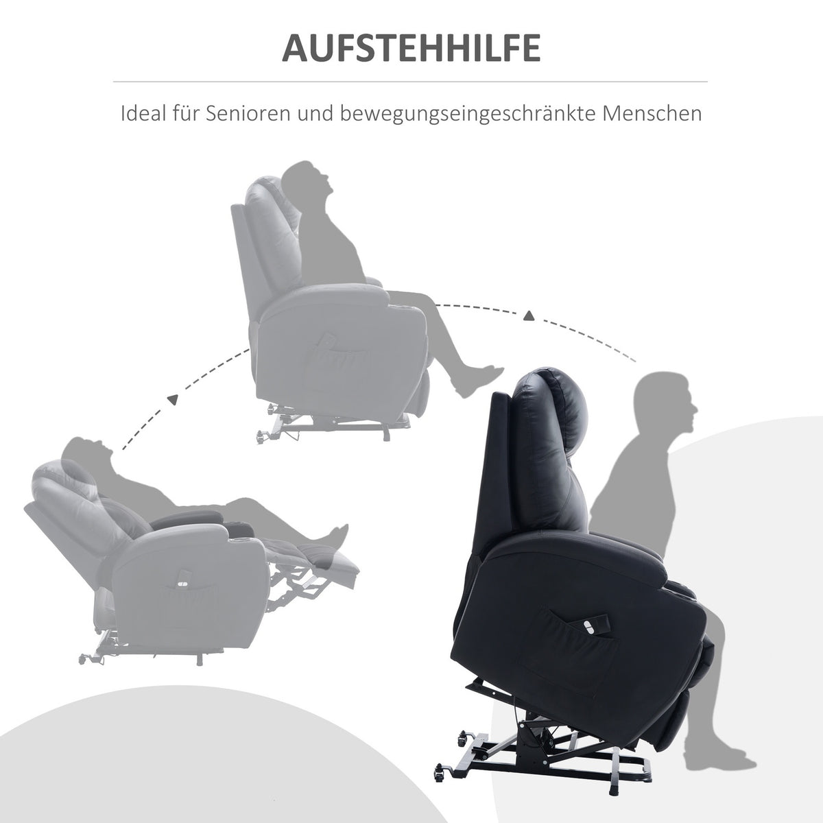 Recliner Tv Chair With Stand-Up Aid Faux Leather Black With Storage Bag Adjustable Angle Remote Control 84 X 92 X 109 Cm