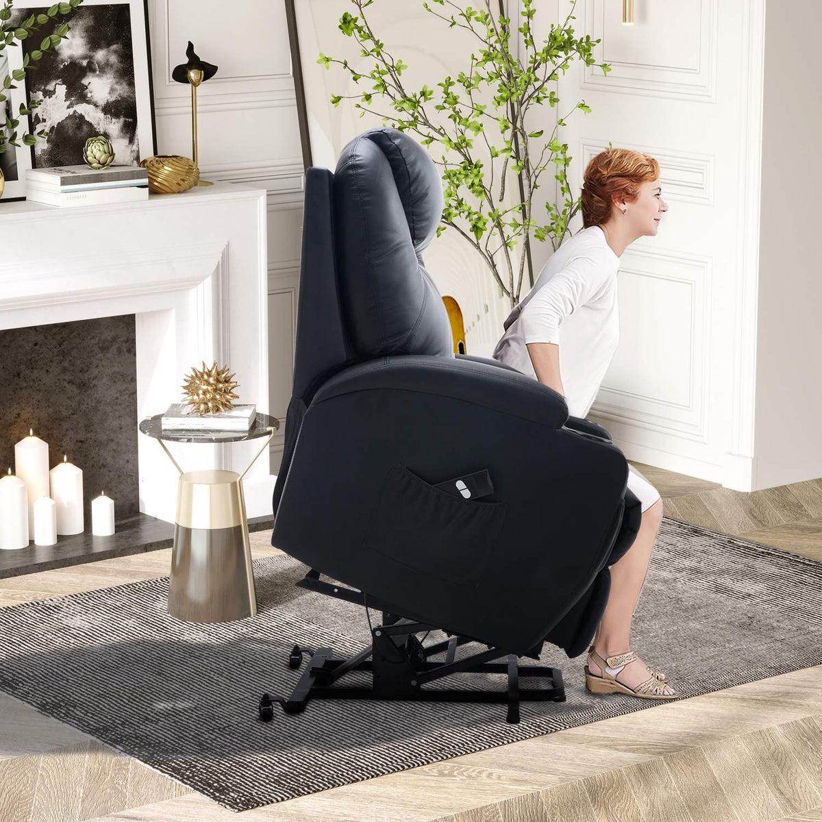 Recliner Tv Chair With Stand-Up Aid Faux Leather Black With Storage Bag Adjustable Angle Remote Control 84 X 92 X 109 Cm