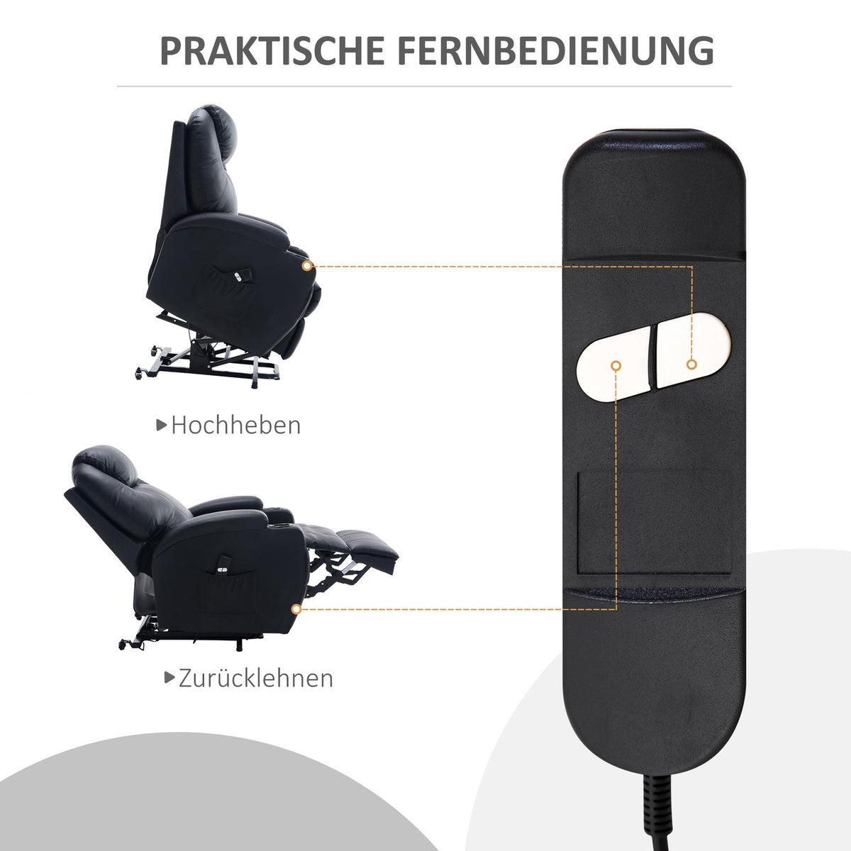 Recliner Tv Chair With Stand-Up Aid Faux Leather Black With Storage Bag Adjustable Angle Remote Control 84 X 92 X 109 Cm