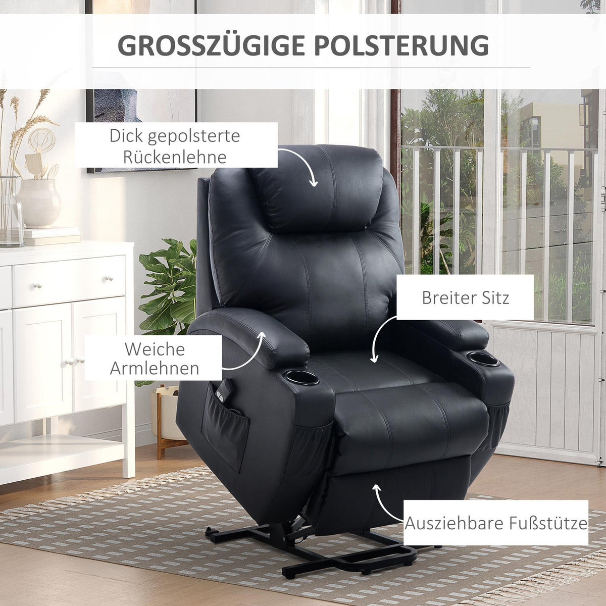 Recliner Tv Chair With Stand-Up Aid Faux Leather Black With Storage Bag Adjustable Angle Remote Control 84 X 92 X 109 Cm