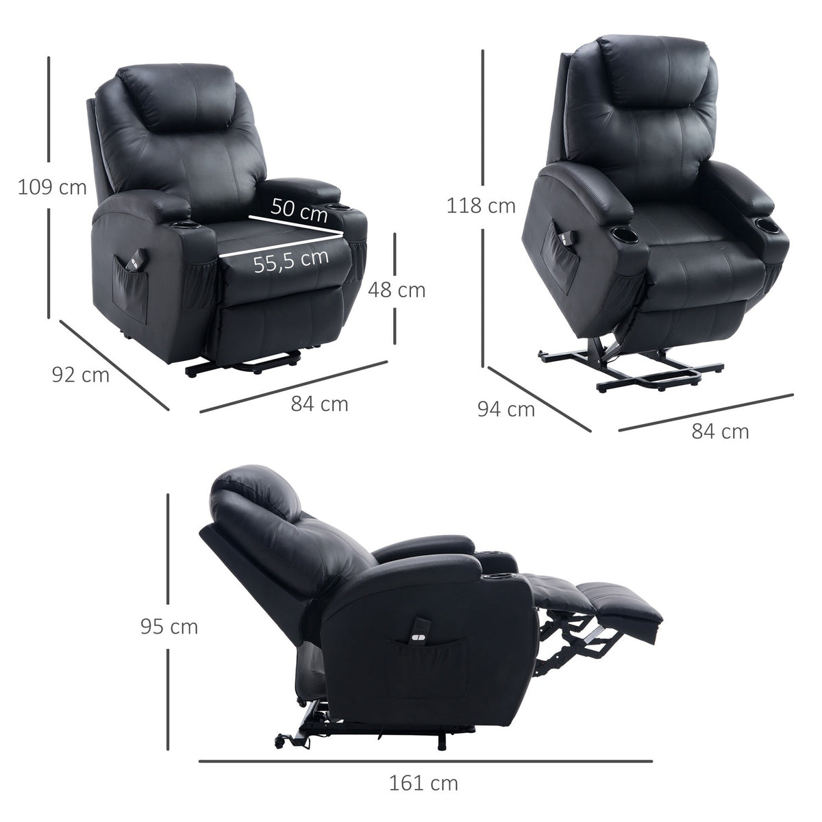 Recliner Tv Chair With Stand-Up Aid Faux Leather Black With Storage Bag Adjustable Angle Remote Control 84 X 92 X 109 Cm