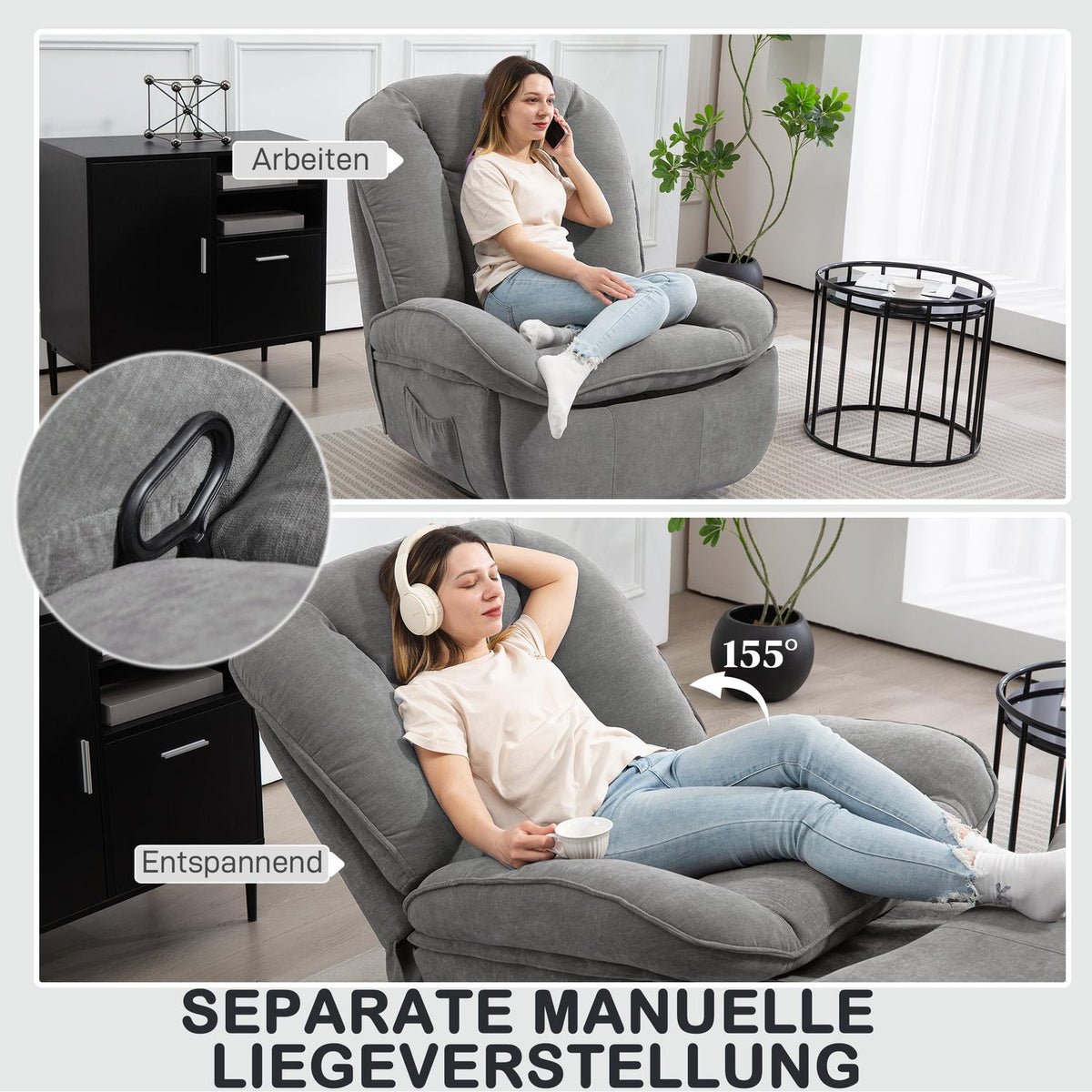 Recliner chair, TV chair with reclining function, rocking function, swivel TV chair with footrest, grey