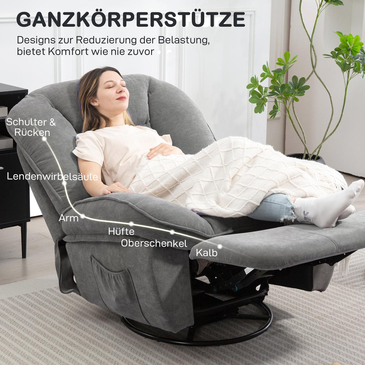 Recliner chair, TV chair with reclining function, rocking function, swivel TV chair with footrest, grey