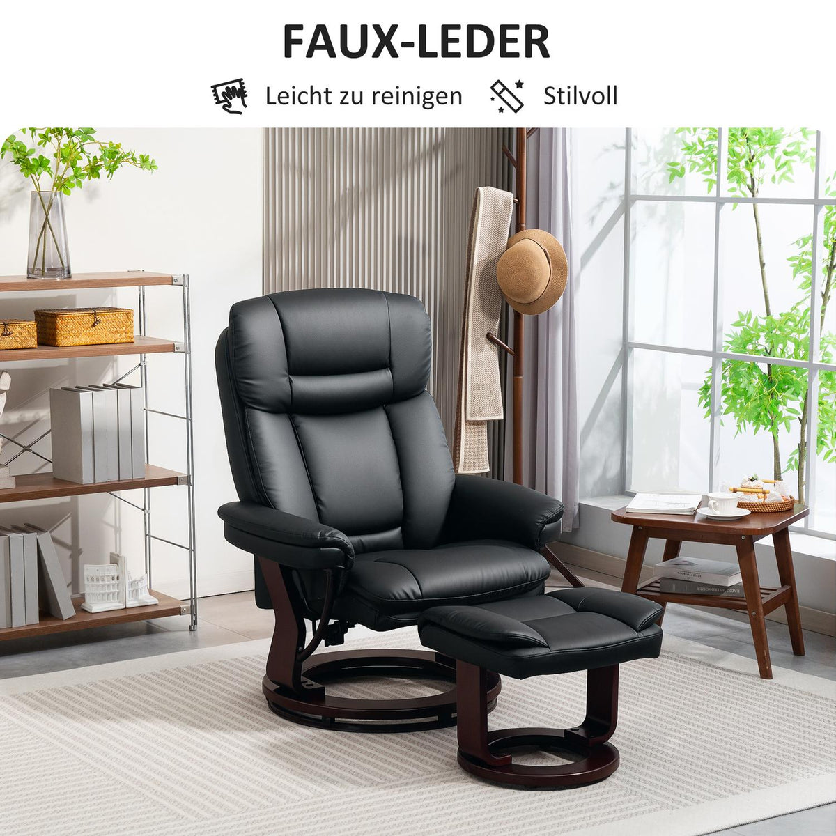 Recliner chair with footstool, adjustable chair, faux leather cover, upholstered chair with folding backrest, black