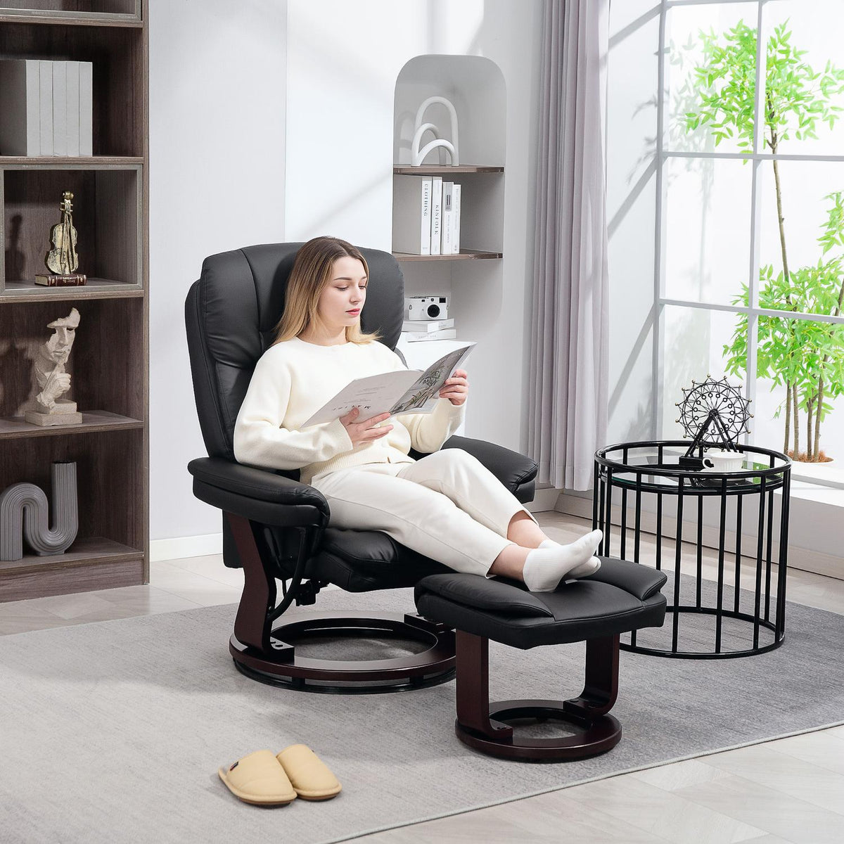 Recliner chair with footstool, adjustable chair, faux leather cover, upholstered chair with folding backrest, black
