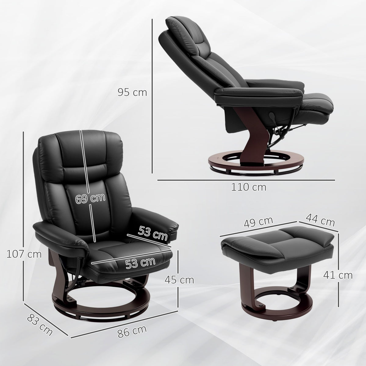 Recliner chair with footstool, adjustable chair, faux leather cover, upholstered chair with folding backrest, black
