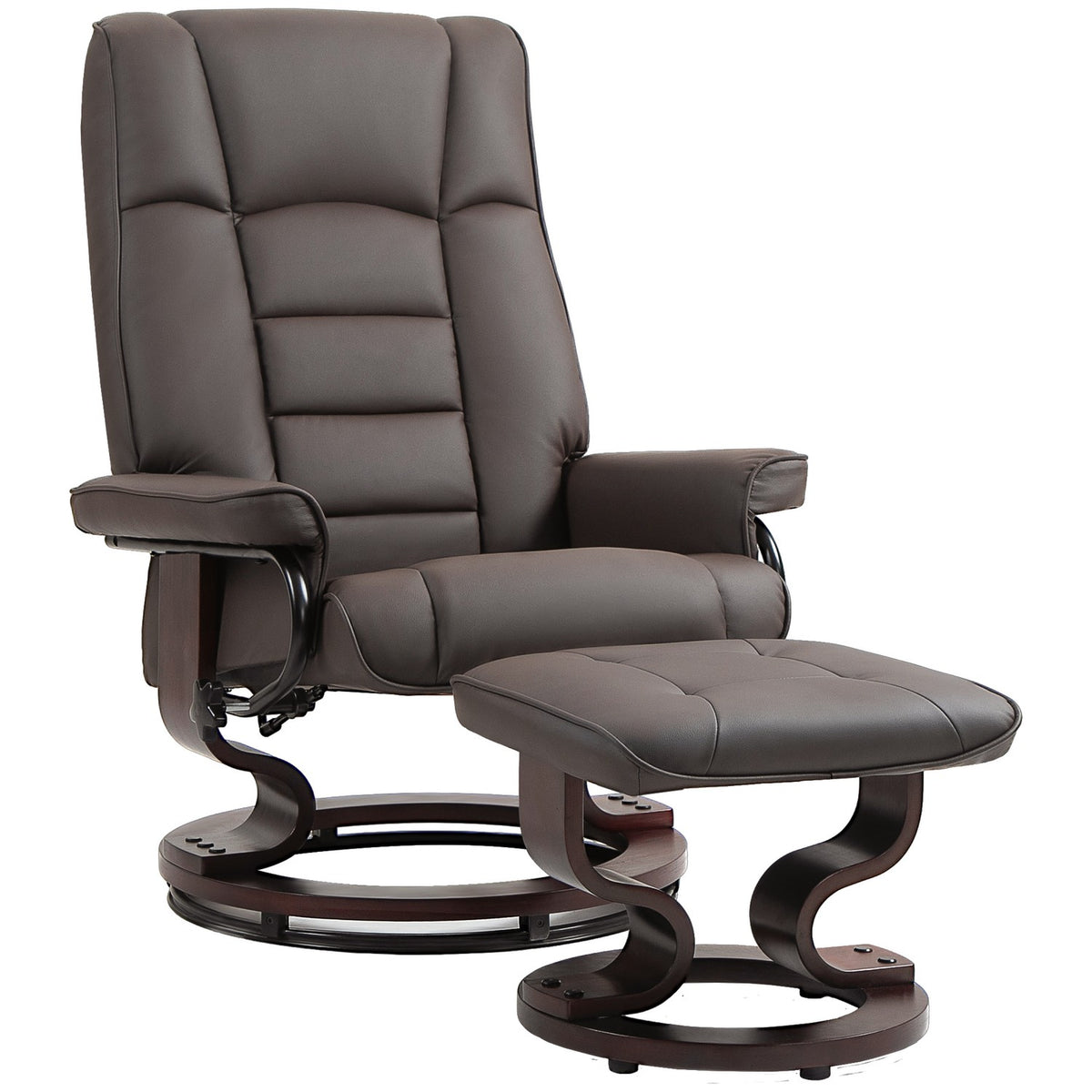 Recliner chair with footstool, swivel and tilt, faux leather cover, up to 150 kg, wooden frame, brown