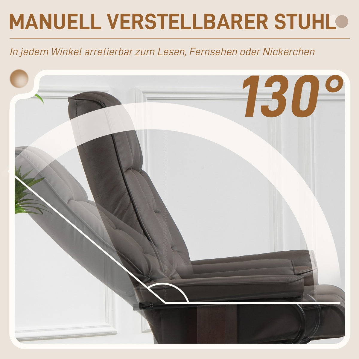 Recliner chair with footstool, swivel and tilt, faux leather cover, up to 150 kg, wooden frame, brown