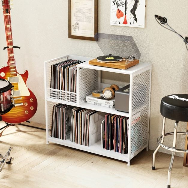 Record Player Stand, 3-Tier Vinyl Storage, White