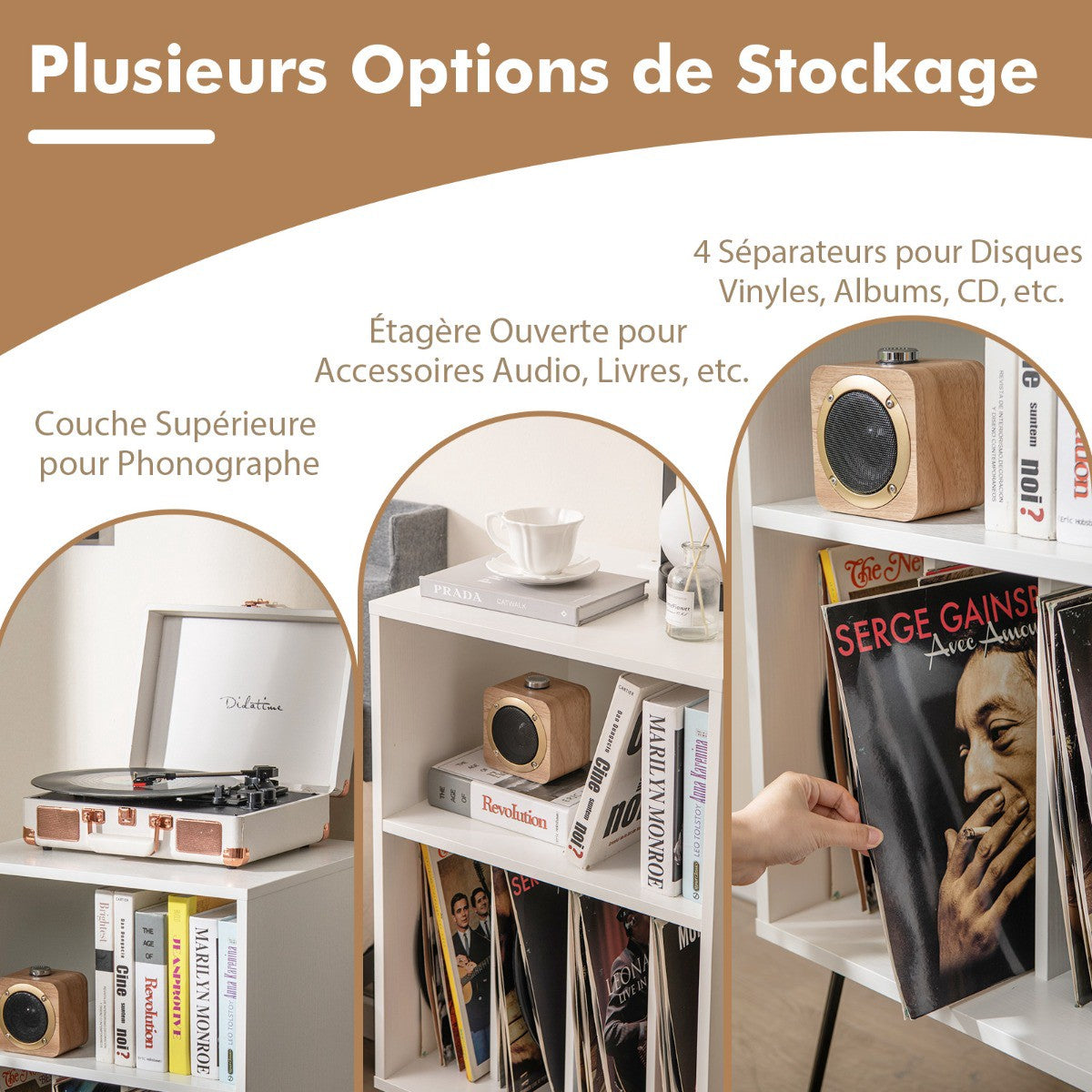 Record Player Stand, 3-Tier Vinyl Storage With Charging