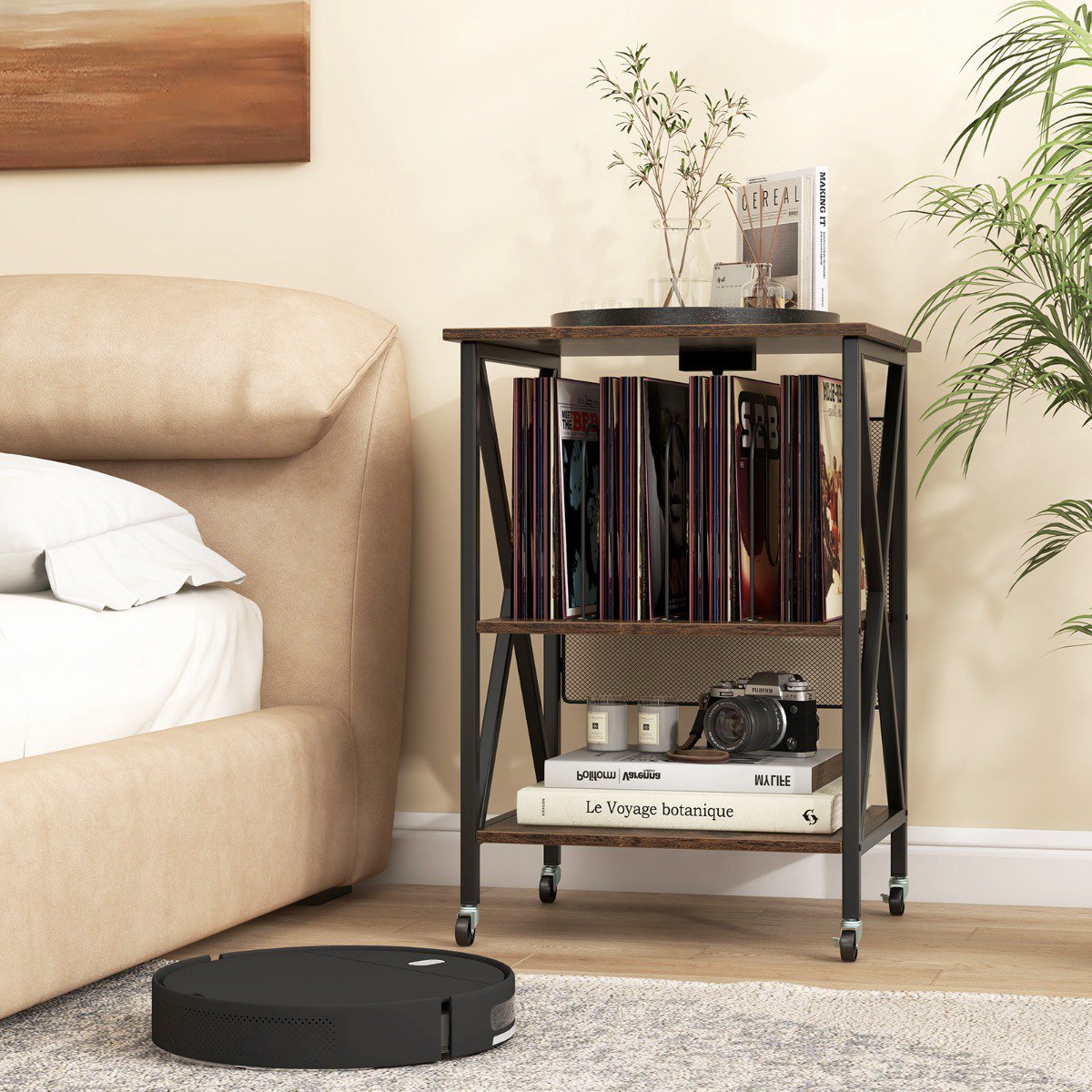 Record Player Stand With Charging Station, Vinyl Storage