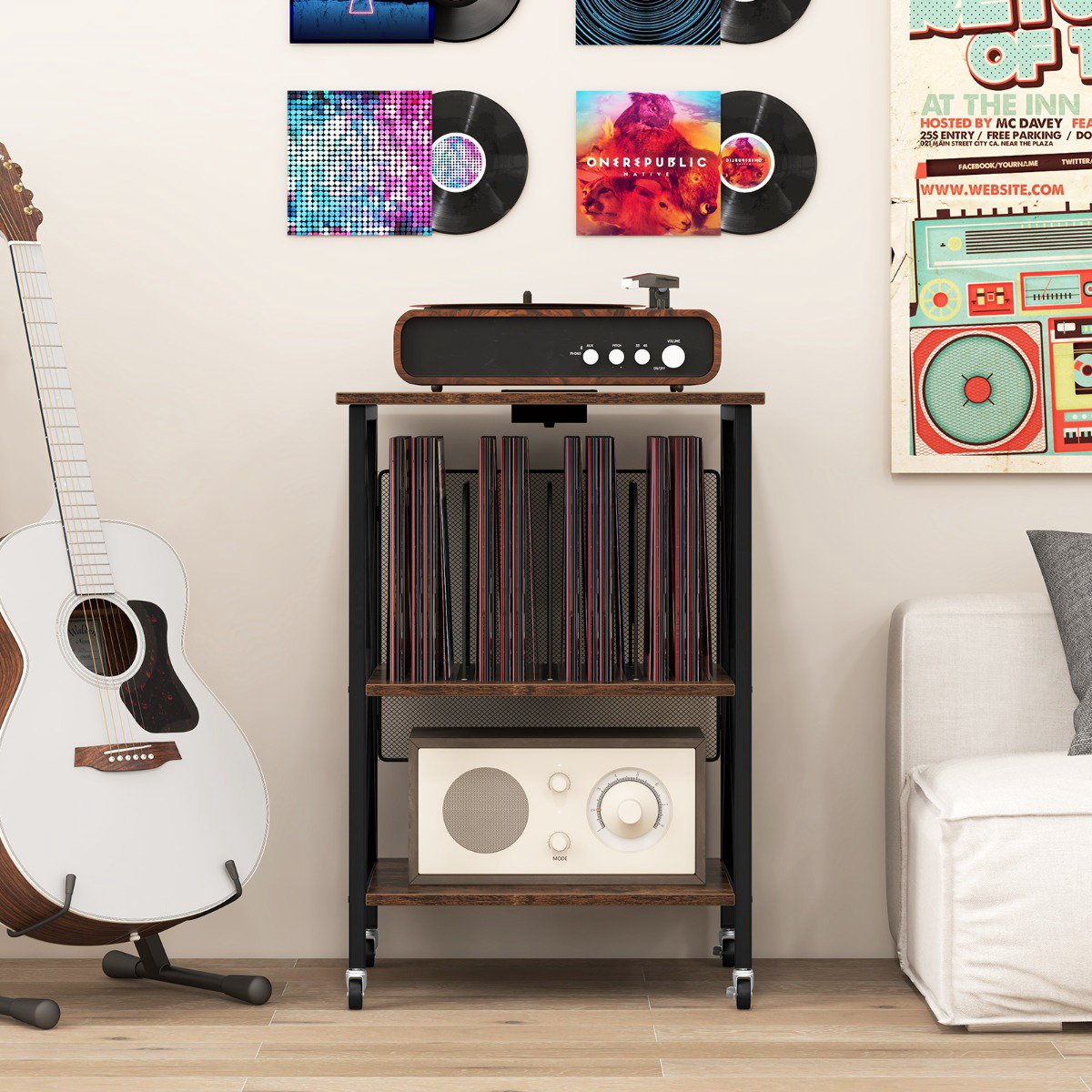 Record Player Stand With Charging Station, Vinyl Storage