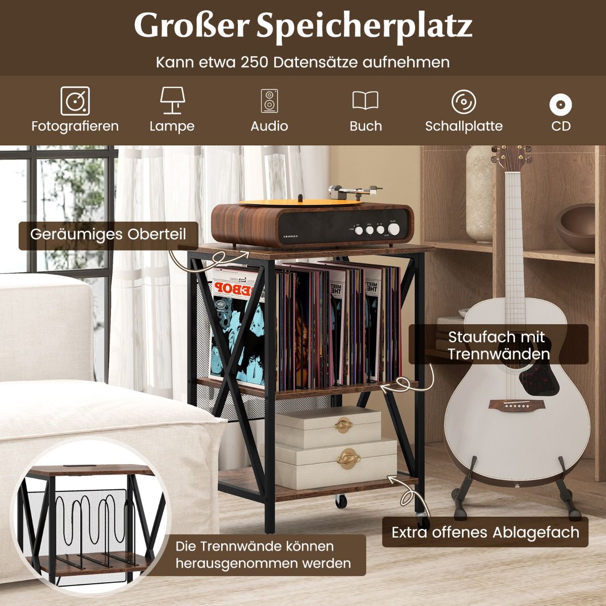 Record Player Stand With Charging Station, Vinyl Storage
