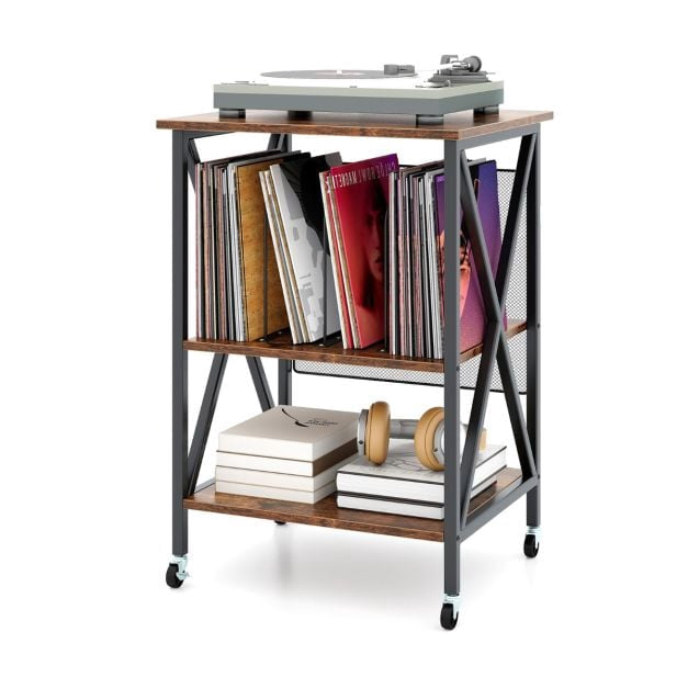 Record Player Stand With Vinyl Storage, Locking Wheels
