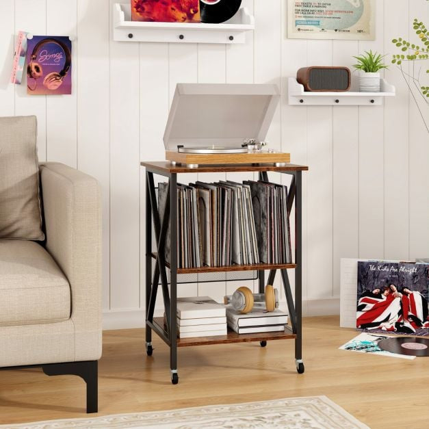 Record Player Stand With Vinyl Storage, Locking Wheels