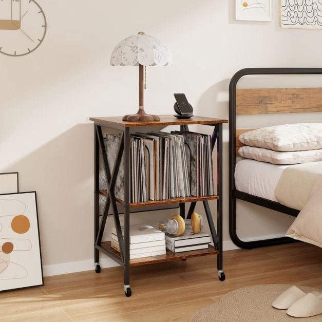 Record Player Stand With Vinyl Storage, Locking Wheels