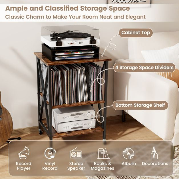 Record Player Stand With Vinyl Storage, Locking Wheels