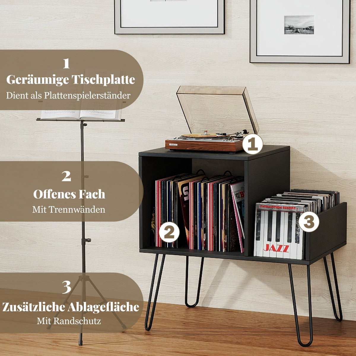 Record Player Stand with Charging Station – Black, High Capacity