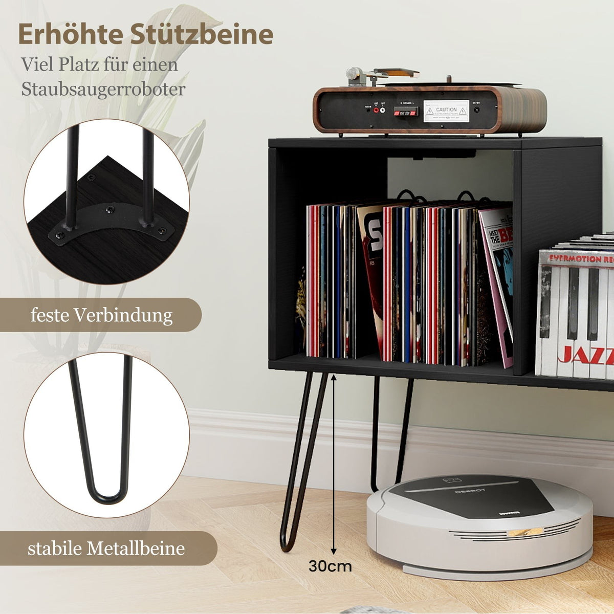 Record Player Stand with Charging Station – Black, High Capacity