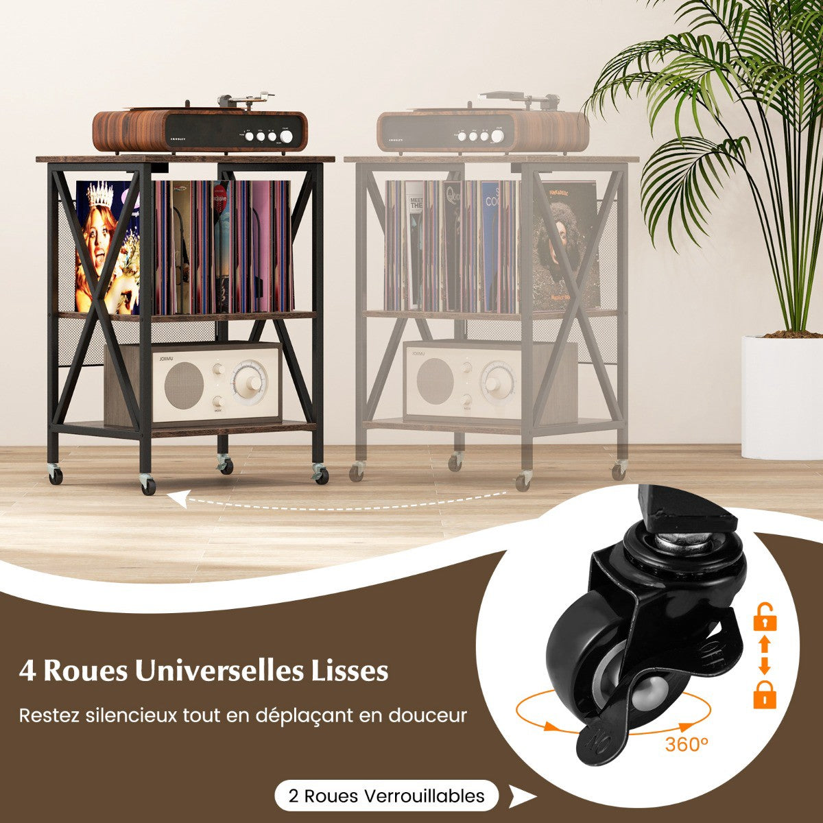 Record Player Stand with Charging Station, Wheels, Divider