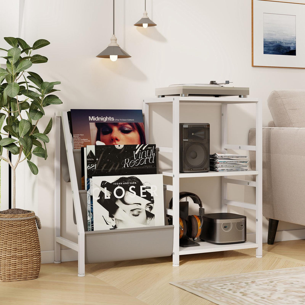 Record Player Stand with Vinyl Storage, 3 Shelves, White