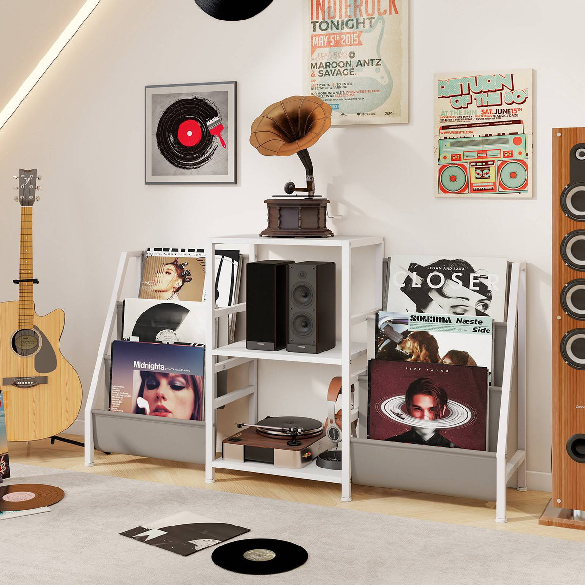 Record Player Stand with Vinyl Storage, 3 Shelves, White