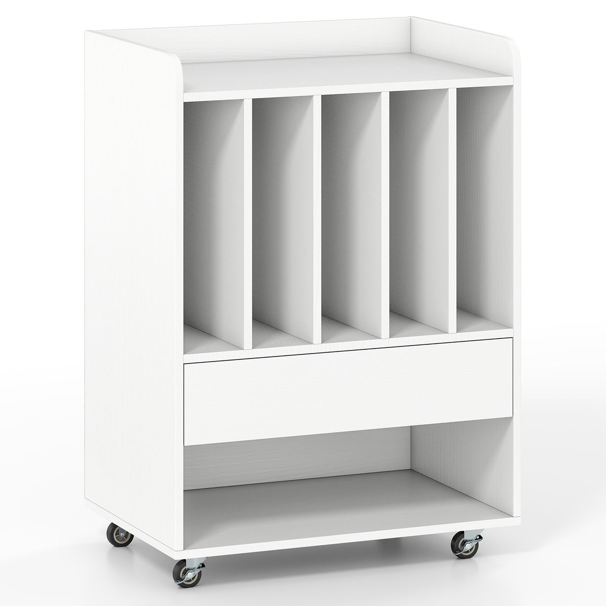 Record Player Table with 5 Shelves & Drawer, White, Mobile