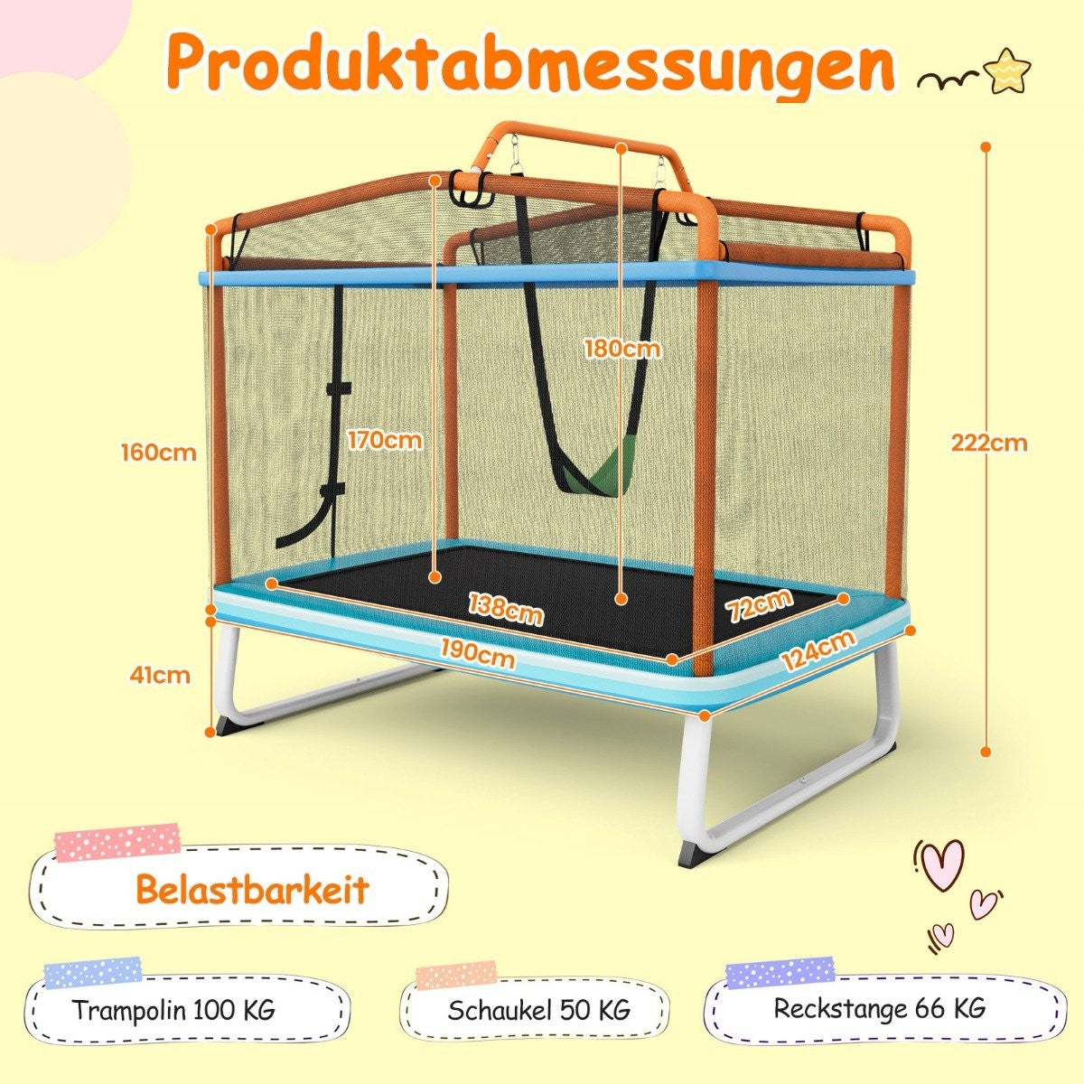 Rectangular 3-in-1 trampoline for children 190 x 124 cm large leisure trampoline with net blue + orange