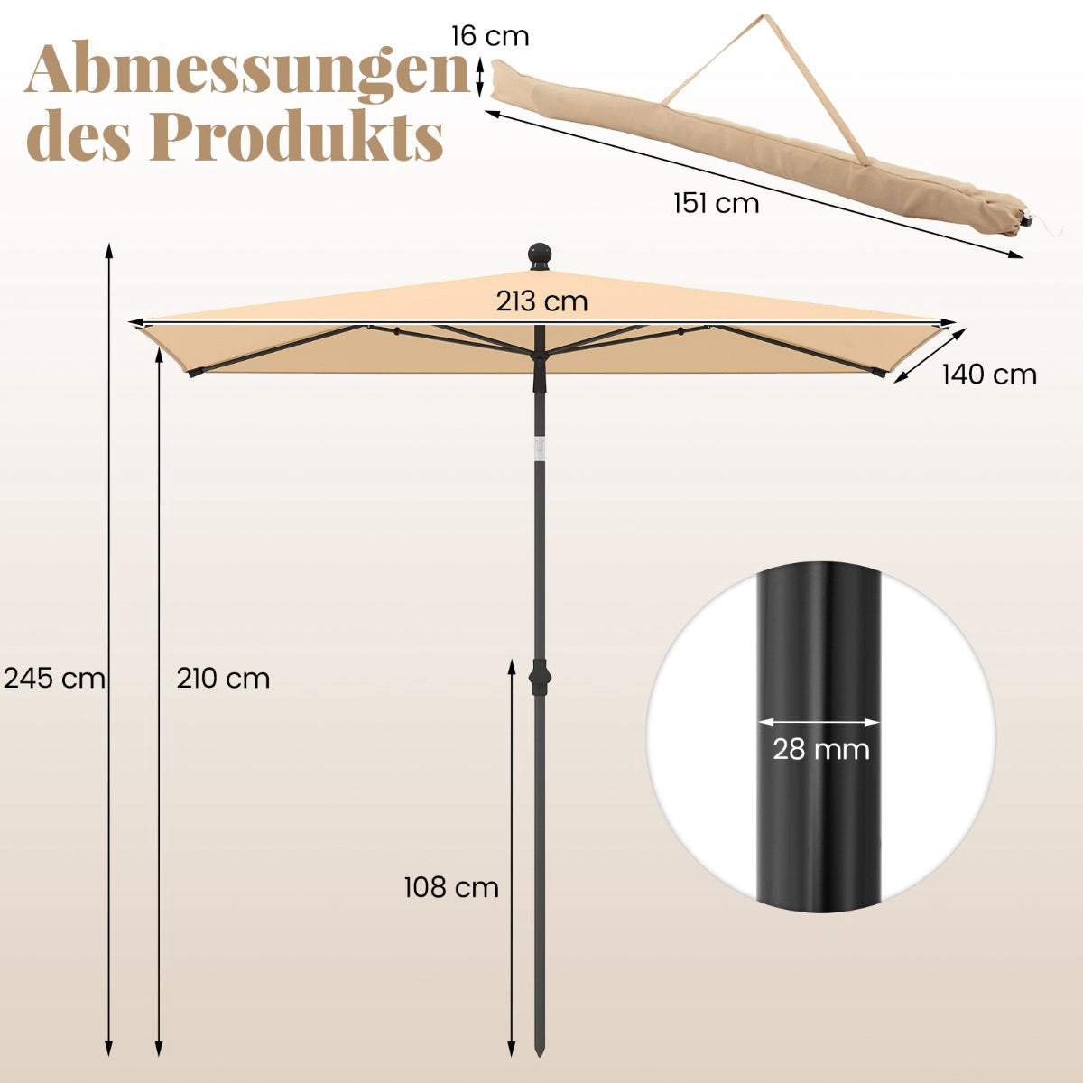 Rectangular Balcony Umbrella 210x140 cm, Beige, Adjustable