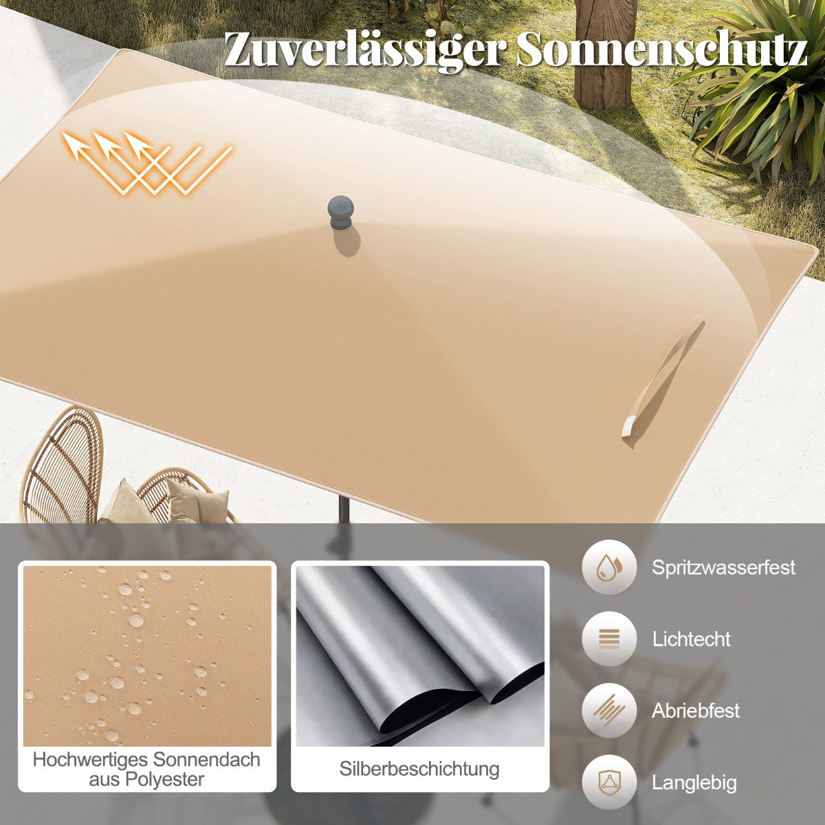 Rectangular Balcony Umbrella 210x140 cm, Beige, Adjustable