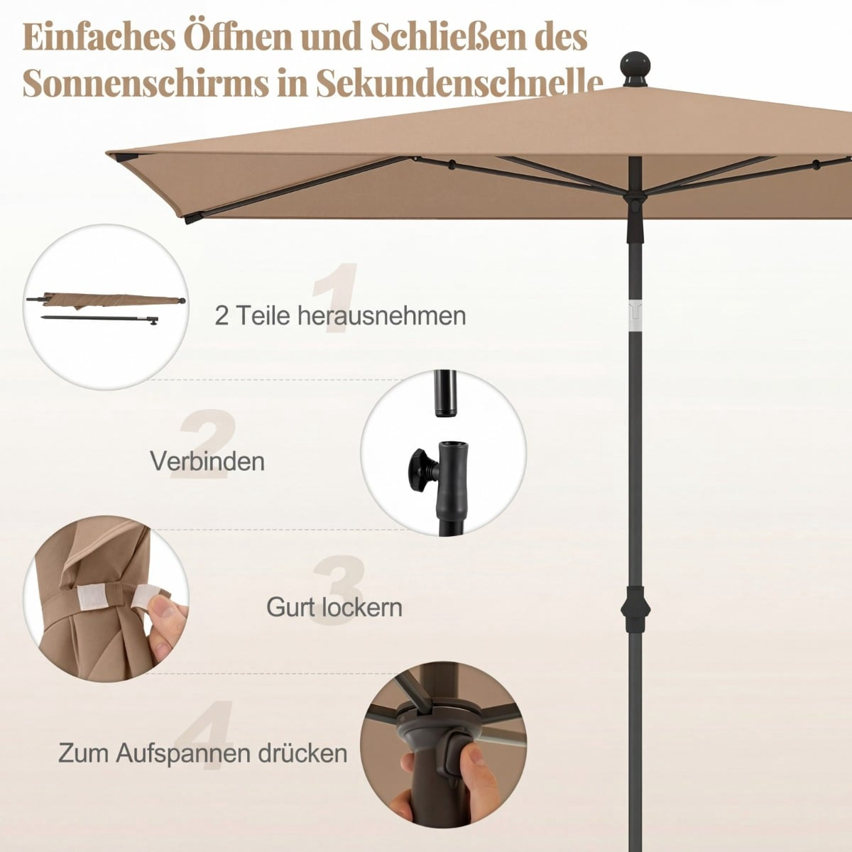 Rectangular Balcony Umbrella, Adjustable Tilt, Brown, 213x140 cm