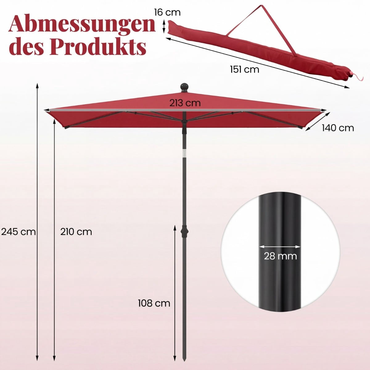 Rectangular Balcony Umbrella, Adjustable Tilt, Red, 213x140 cm