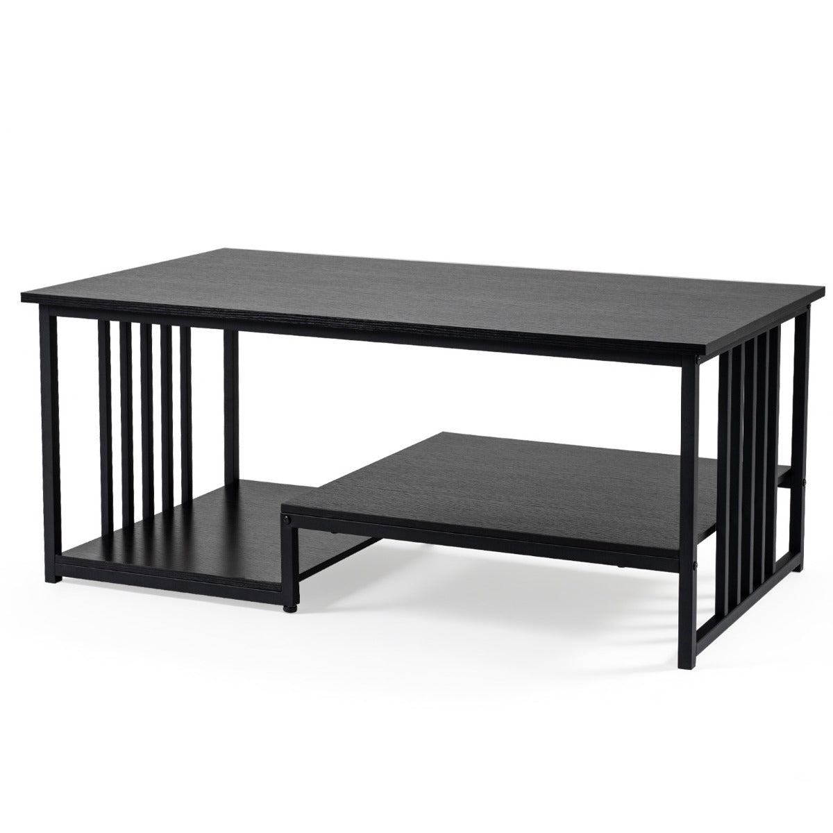 Rectangular Coffee Table with 2 Shelves, Black Metal Frame