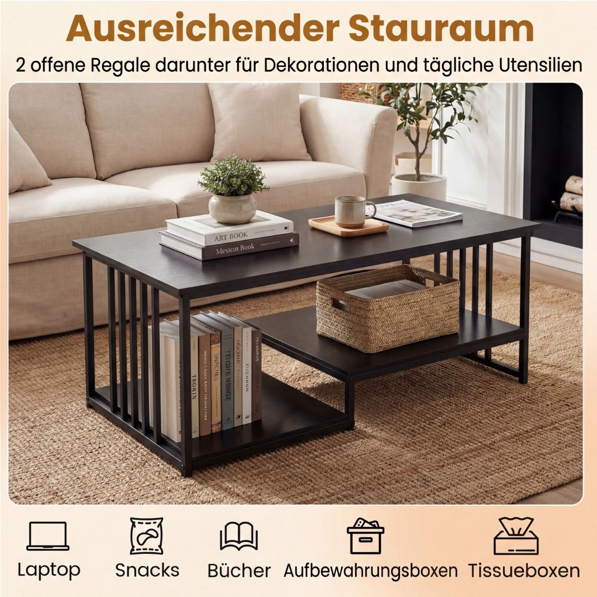 Rectangular Coffee Table with 2 Shelves, Black Metal Frame